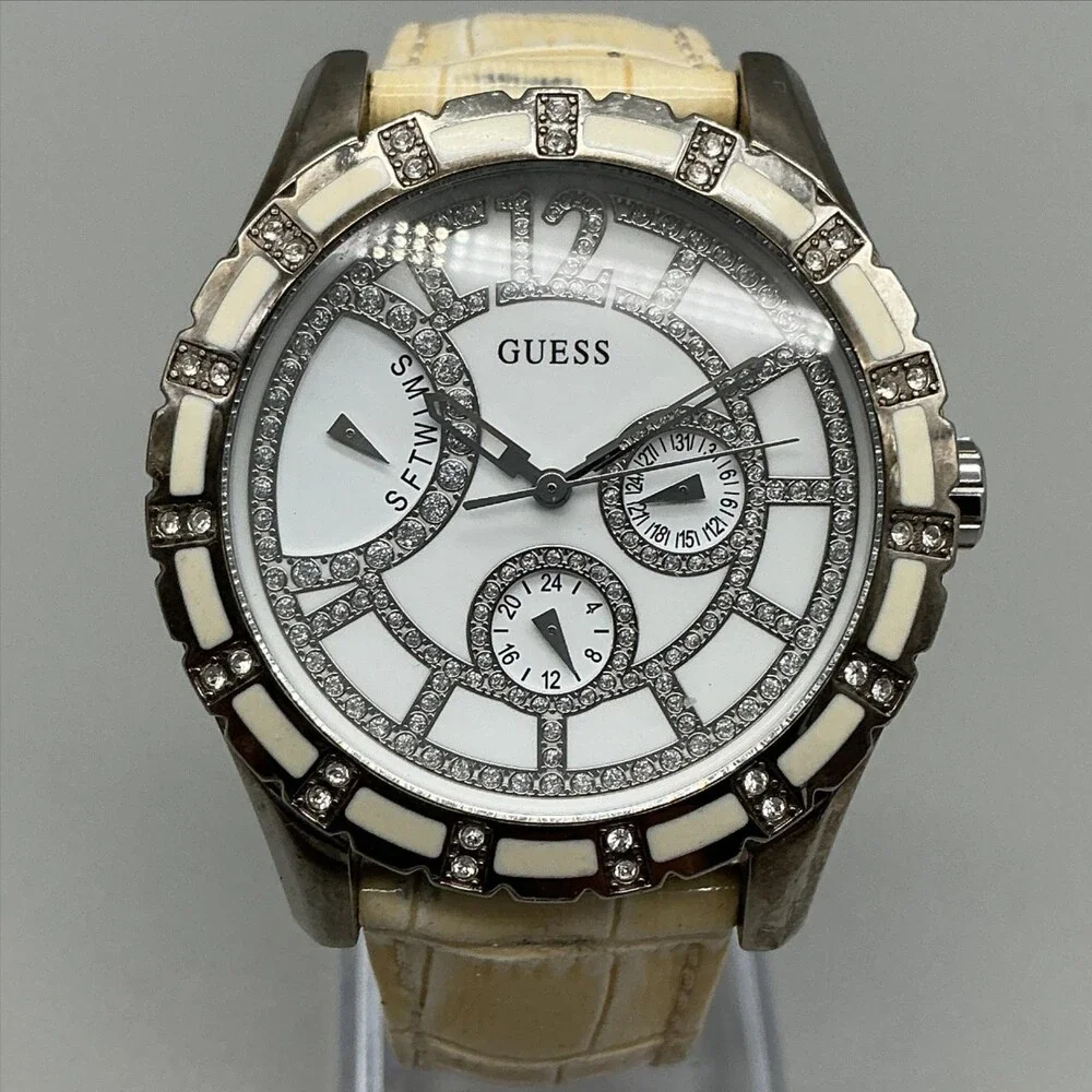 Guess Womens Watch 41mm White Dial Beige Leather Crystal Day Date New Battery
